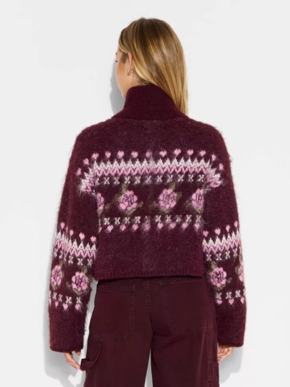 Women's Full Zip Mock Turtleneck Cardigan - Wild Fable™ Burgundy Floral - Picture 2 of 6